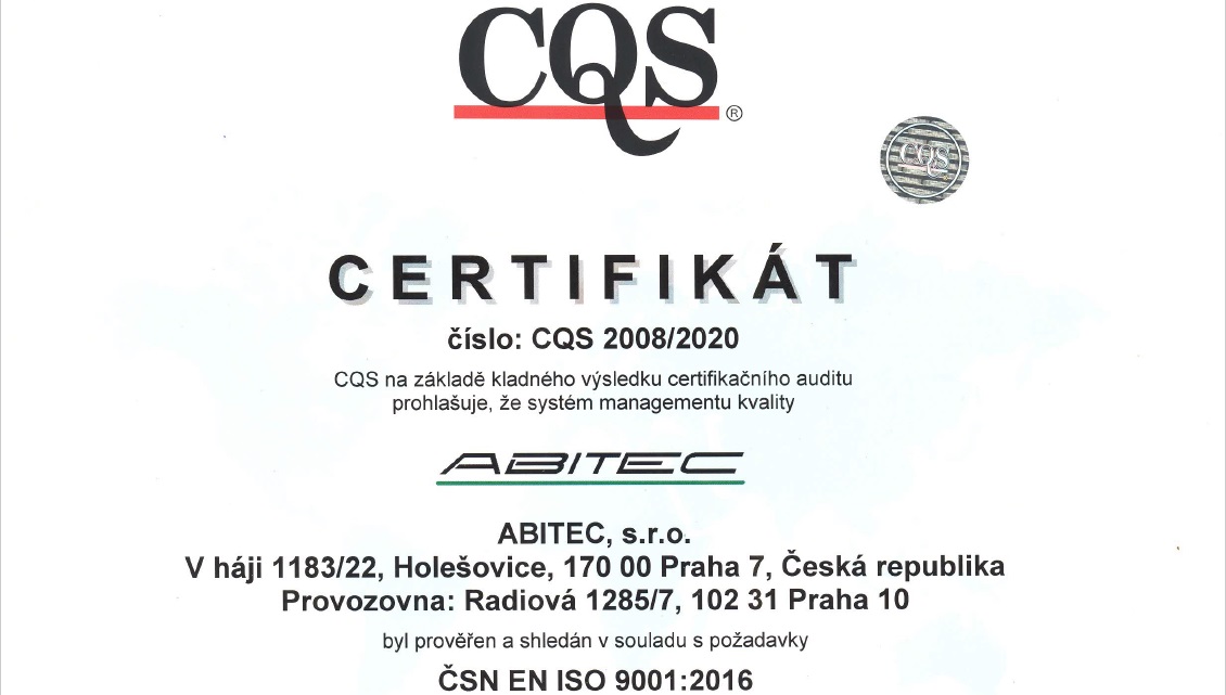 Certifikát CQS dle normy ČSN EN ISO 9001:2016 (CZ)